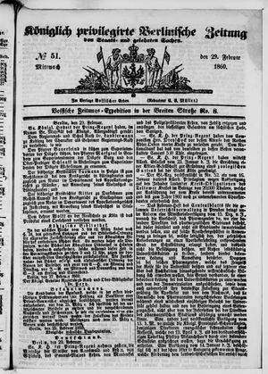 Königlich privilegirte Berlinische Zeitung von Staats- und gelehrten Sachen vom 29.02.1860