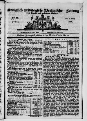 Königlich privilegirte Berlinische Zeitung von Staats- und gelehrten Sachen vom 09.03.1860