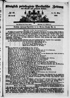 Königlich privilegirte Berlinische Zeitung von Staats- und gelehrten Sachen vom 21.03.1860