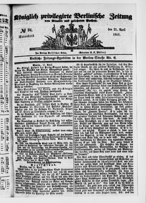 Königlich privilegirte Berlinische Zeitung von Staats- und gelehrten Sachen vom 21.04.1860