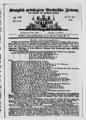 Königlich privilegirte Berlinische Zeitung von Staats- und gelehrten Sachen vom 20.06.1860