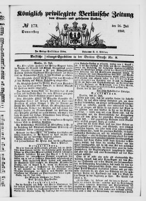 Königlich privilegirte Berlinische Zeitung von Staats- und gelehrten Sachen vom 26.07.1860