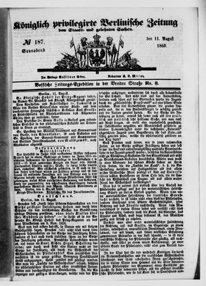 Königlich privilegirte Berlinische Zeitung von Staats- und gelehrten Sachen vom 11.08.1860