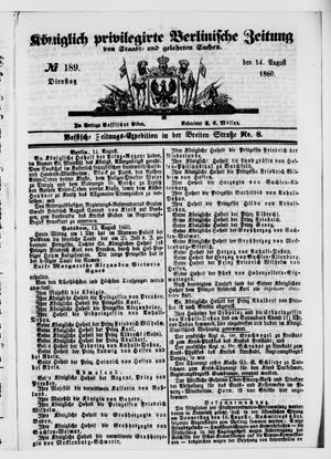 Königlich privilegirte Berlinische Zeitung von Staats- und gelehrten Sachen vom 14.08.1860