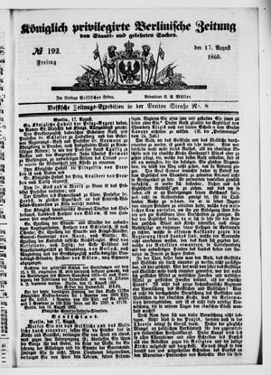 Königlich privilegirte Berlinische Zeitung von Staats- und gelehrten Sachen vom 17.08.1860