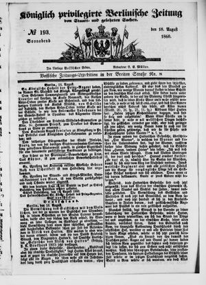 Königlich privilegirte Berlinische Zeitung von Staats- und gelehrten Sachen vom 18.08.1860