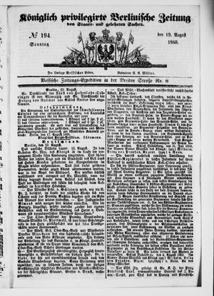 Königlich privilegirte Berlinische Zeitung von Staats- und gelehrten Sachen vom 19.08.1860
