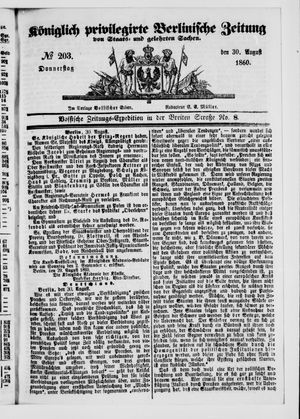 Königlich privilegirte Berlinische Zeitung von Staats- und gelehrten Sachen vom 30.08.1860