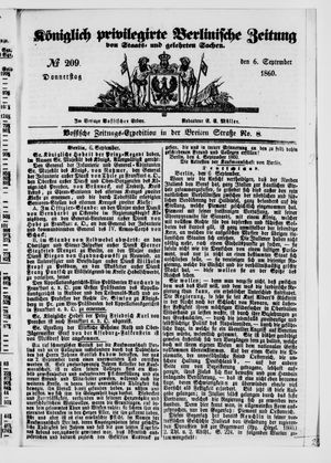 Königlich privilegirte Berlinische Zeitung von Staats- und gelehrten Sachen vom 06.09.1860