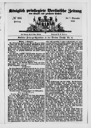Königlich privilegirte Berlinische Zeitung von Staats- und gelehrten Sachen vom 07.09.1860