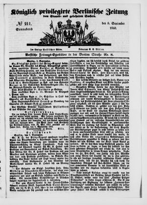 Königlich privilegirte Berlinische Zeitung von Staats- und gelehrten Sachen vom 08.09.1860
