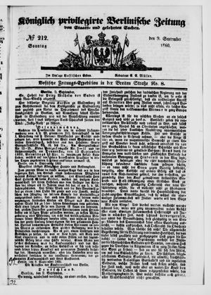 Königlich privilegirte Berlinische Zeitung von Staats- und gelehrten Sachen vom 09.09.1860