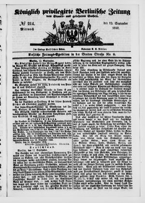 Königlich privilegirte Berlinische Zeitung von Staats- und gelehrten Sachen on Sep 12, 1860