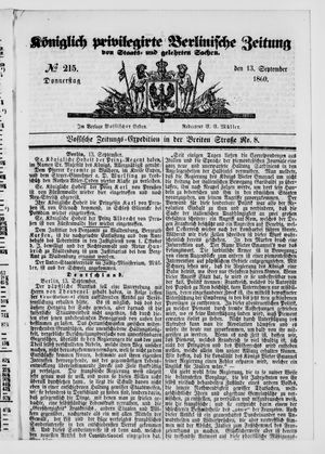 Königlich privilegirte Berlinische Zeitung von Staats- und gelehrten Sachen vom 13.09.1860