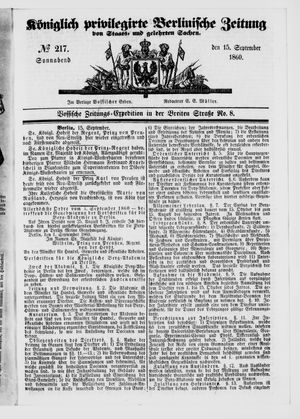 Königlich privilegirte Berlinische Zeitung von Staats- und gelehrten Sachen vom 15.09.1860