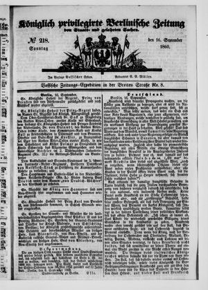Königlich privilegirte Berlinische Zeitung von Staats- und gelehrten Sachen vom 16.09.1860