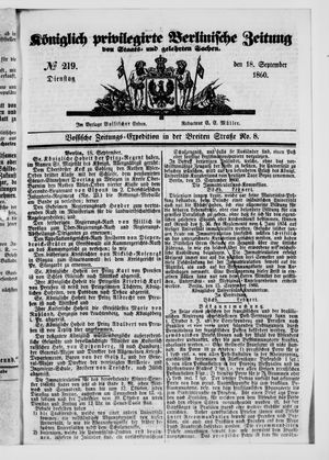 Königlich privilegirte Berlinische Zeitung von Staats- und gelehrten Sachen vom 18.09.1860