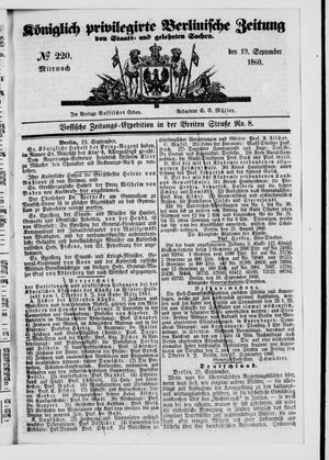 Königlich privilegirte Berlinische Zeitung von Staats- und gelehrten Sachen on Sep 19, 1860