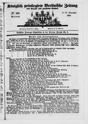 Königlich privilegirte Berlinische Zeitung von Staats- und gelehrten Sachen vom 26.09.1860