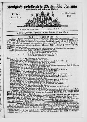 Königlich privilegirte Berlinische Zeitung von Staats- und gelehrten Sachen vom 27.09.1860