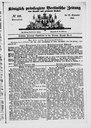 Königlich privilegirte Berlinische Zeitung von Staats- und gelehrten Sachen vom 29.09.1860
