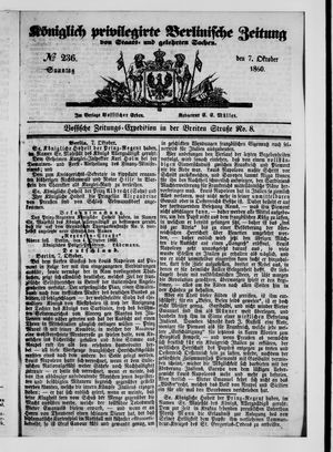 Königlich privilegirte Berlinische Zeitung von Staats- und gelehrten Sachen on Oct 7, 1860