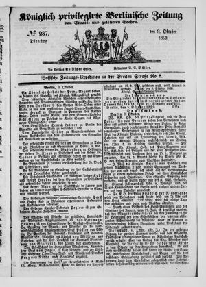Königlich privilegirte Berlinische Zeitung von Staats- und gelehrten Sachen vom 09.10.1860