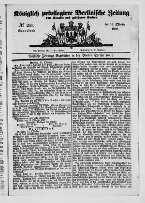 Königlich privilegirte Berlinische Zeitung von Staats- und gelehrten Sachen vom 13.10.1860