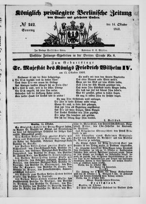 Königlich privilegirte Berlinische Zeitung von Staats- und gelehrten Sachen on Oct 14, 1860