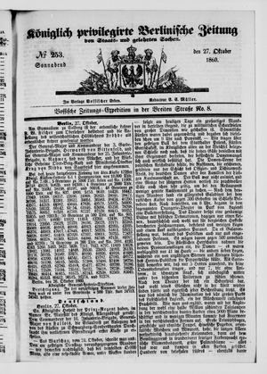 Königlich privilegirte Berlinische Zeitung von Staats- und gelehrten Sachen vom 27.10.1860