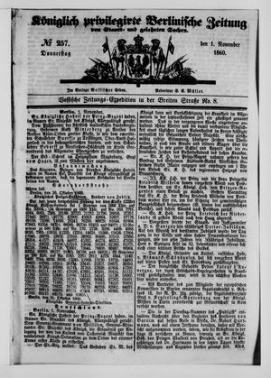 Königlich privilegirte Berlinische Zeitung von Staats- und gelehrten Sachen vom 01.11.1860