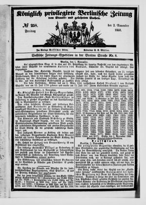 Königlich privilegirte Berlinische Zeitung von Staats- und gelehrten Sachen vom 02.11.1860
