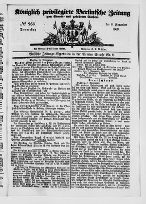 Königlich privilegirte Berlinische Zeitung von Staats- und gelehrten Sachen vom 08.11.1860