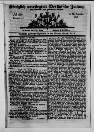Königlich privilegirte Berlinische Zeitung von Staats- und gelehrten Sachen vom 10.11.1860