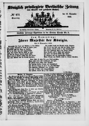 Königlich privilegirte Berlinische Zeitung von Staats- und gelehrten Sachen vom 18.11.1860