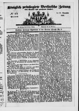Königlich privilegirte Berlinische Zeitung von Staats- und gelehrten Sachen vom 21.11.1860