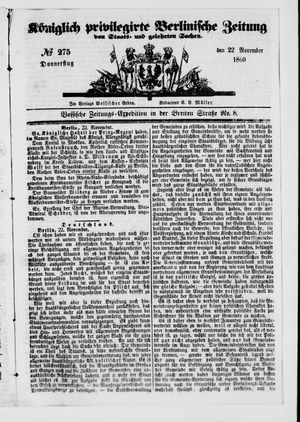 Königlich privilegirte Berlinische Zeitung von Staats- und gelehrten Sachen vom 22.11.1860