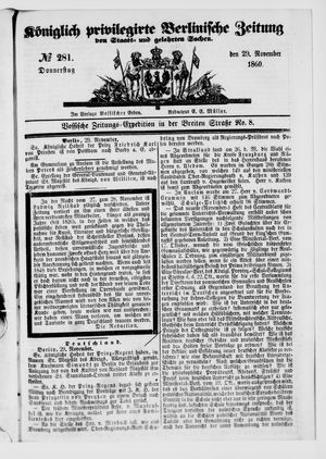Königlich privilegirte Berlinische Zeitung von Staats- und gelehrten Sachen vom 29.11.1860