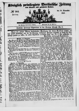 Königlich privilegirte Berlinische Zeitung von Staats- und gelehrten Sachen vom 30.11.1860