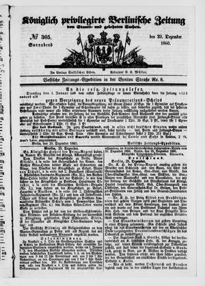 Königlich privilegirte Berlinische Zeitung von Staats- und gelehrten Sachen vom 29.12.1860
