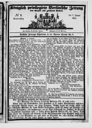 Königlich privilegirte Berlinische Zeitung von Staats- und gelehrten Sachen vom 03.01.1861