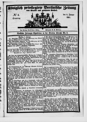Königlich privilegirte Berlinische Zeitung von Staats- und gelehrten Sachen vom 06.01.1861