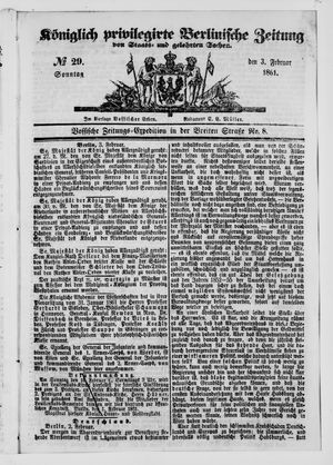 Königlich privilegirte Berlinische Zeitung von Staats- und gelehrten Sachen on Feb 3, 1861