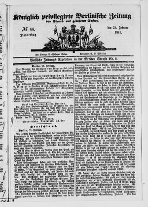 Königlich privilegirte Berlinische Zeitung von Staats- und gelehrten Sachen vom 21.02.1861