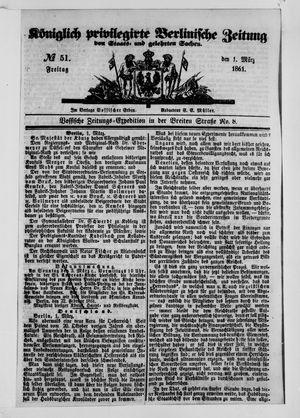 Königlich privilegirte Berlinische Zeitung von Staats- und gelehrten Sachen vom 01.03.1861