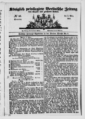 Königlich privilegirte Berlinische Zeitung von Staats- und gelehrten Sachen on Mar 3, 1861