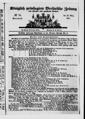 Königlich privilegirte Berlinische Zeitung von Staats- und gelehrten Sachen vom 23.03.1861