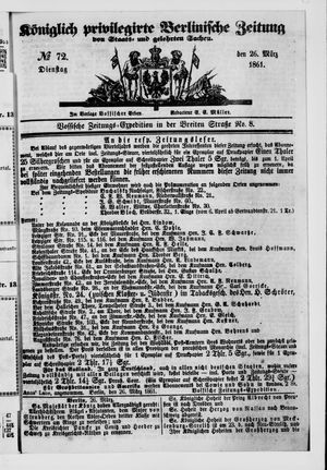 Königlich privilegirte Berlinische Zeitung von Staats- und gelehrten Sachen vom 26.03.1861