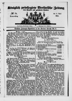 Königlich privilegirte Berlinische Zeitung von Staats- und gelehrten Sachen vom 04.04.1861