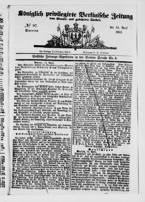 Königlich privilegirte Berlinische Zeitung von Staats- und gelehrten Sachen vom 14.04.1861